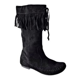 STEVE MADDEN Black Suede Fringe Moccasin Boots Boho 9 Spain